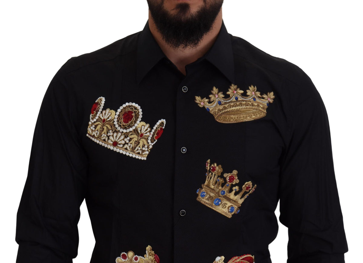 Chemise habillée ajustée Dolce &amp; Gabbana, noire avec couronne dorée.