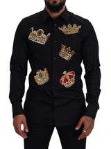 Chemise habillée ajustée Dolce &amp; Gabbana, noire avec couronne dorée.