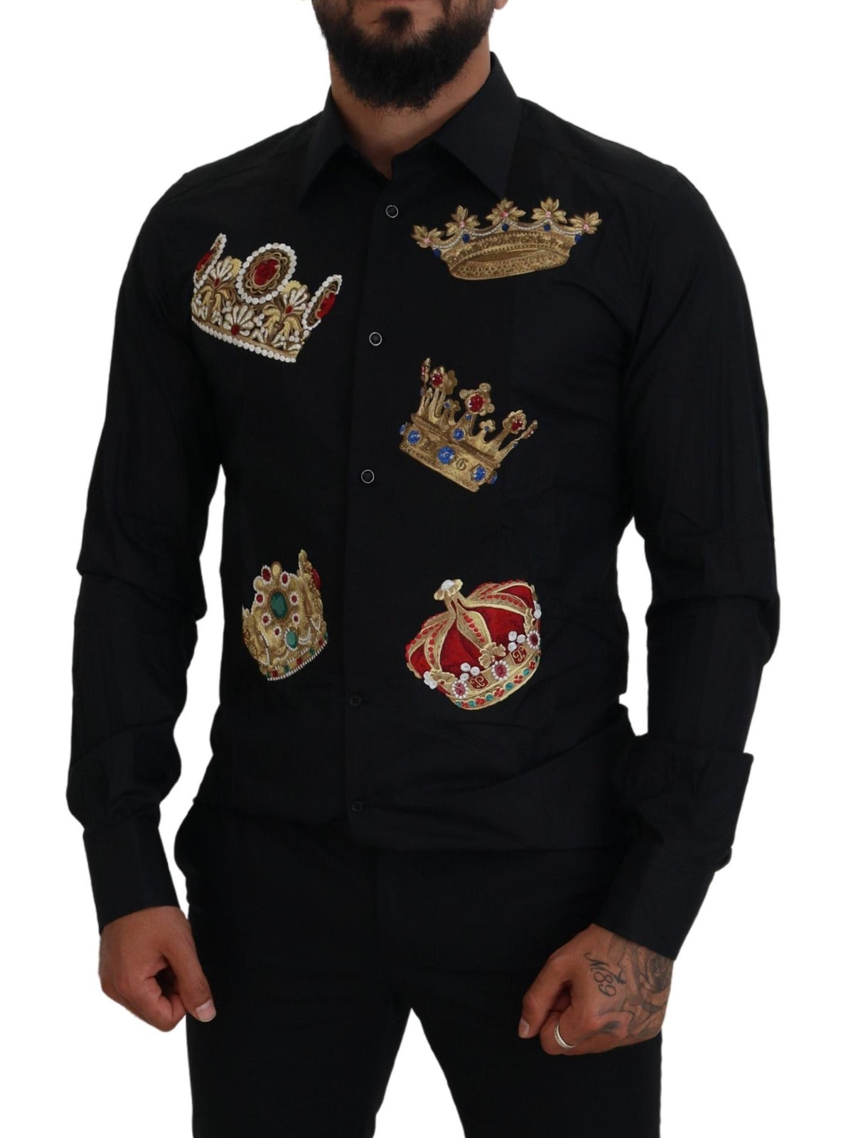 Chemise habillée ajustée Dolce &amp; Gabbana, noire avec couronne dorée.