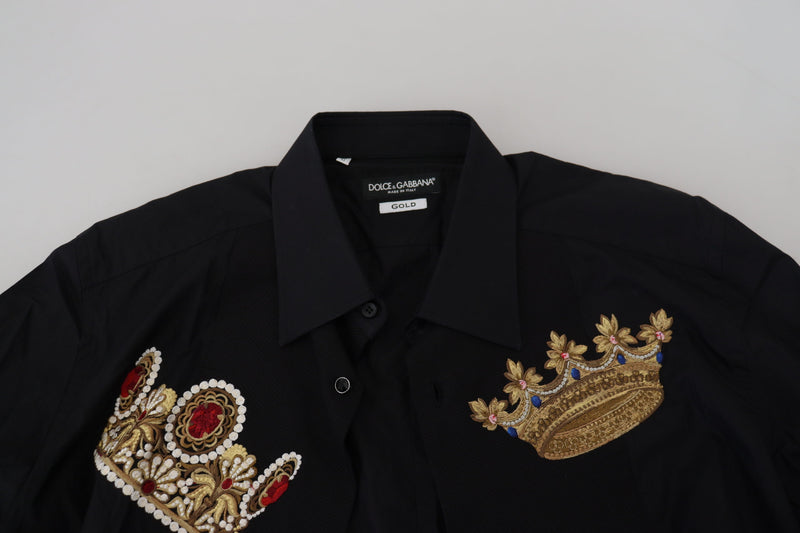 Chemise habillée ajustée Dolce &amp; Gabbana, noire avec couronne dorée.