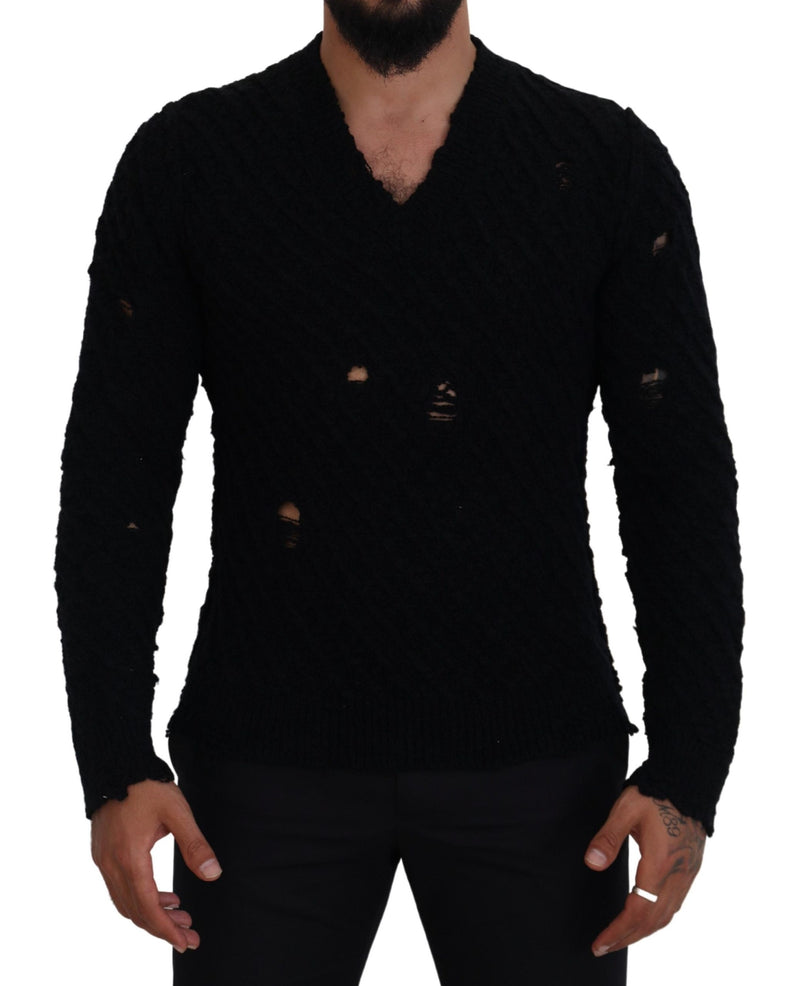Pull en laine à col en V en tricot noir de Dolce &amp; Gabbana