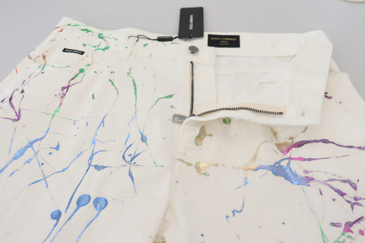 Pantalon en jean blanc en coton à imprimé coloré de Dolce &amp; Gabbana
