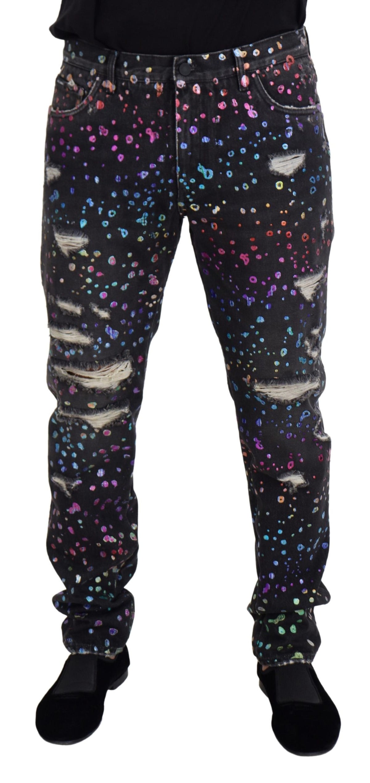 Jeans en jean déchiré noir et multicolore à imprimé de Dolce &amp; Gabbana