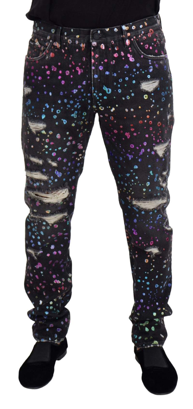 Jeans en jean déchiré noir et multicolore à imprimé de Dolce &amp; Gabbana