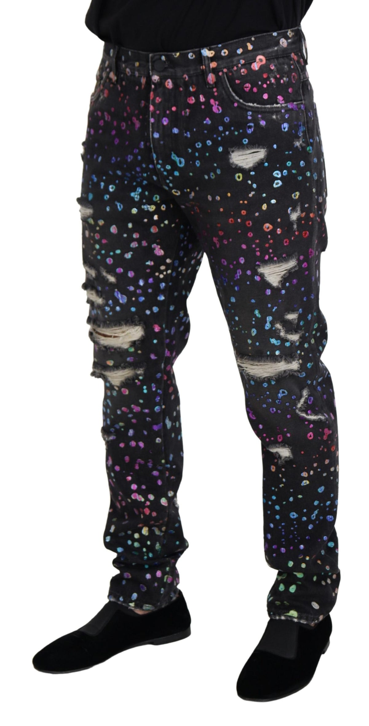 Jeans en jean déchiré noir et multicolore à imprimé de Dolce &amp; Gabbana
