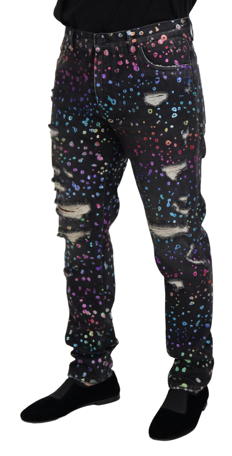 Jeans en jean déchiré noir et multicolore à imprimé de Dolce &amp; Gabbana
