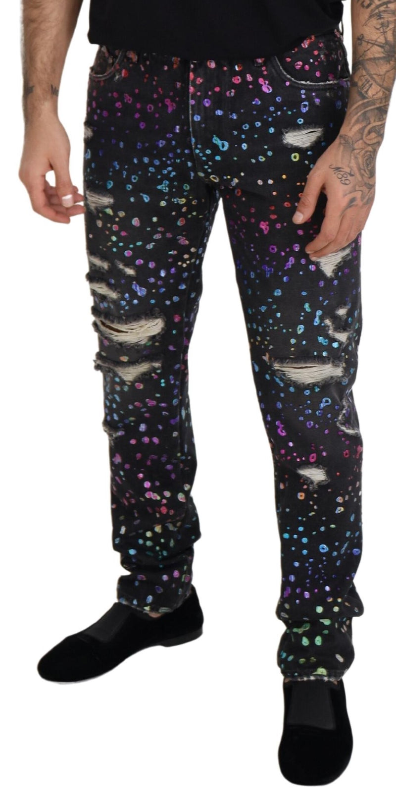Jeans en jean déchiré noir et multicolore à imprimé de Dolce &amp; Gabbana