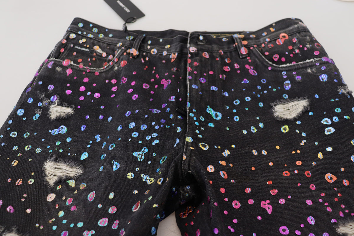 Jeans en jean déchiré noir et multicolore à imprimé de Dolce &amp; Gabbana