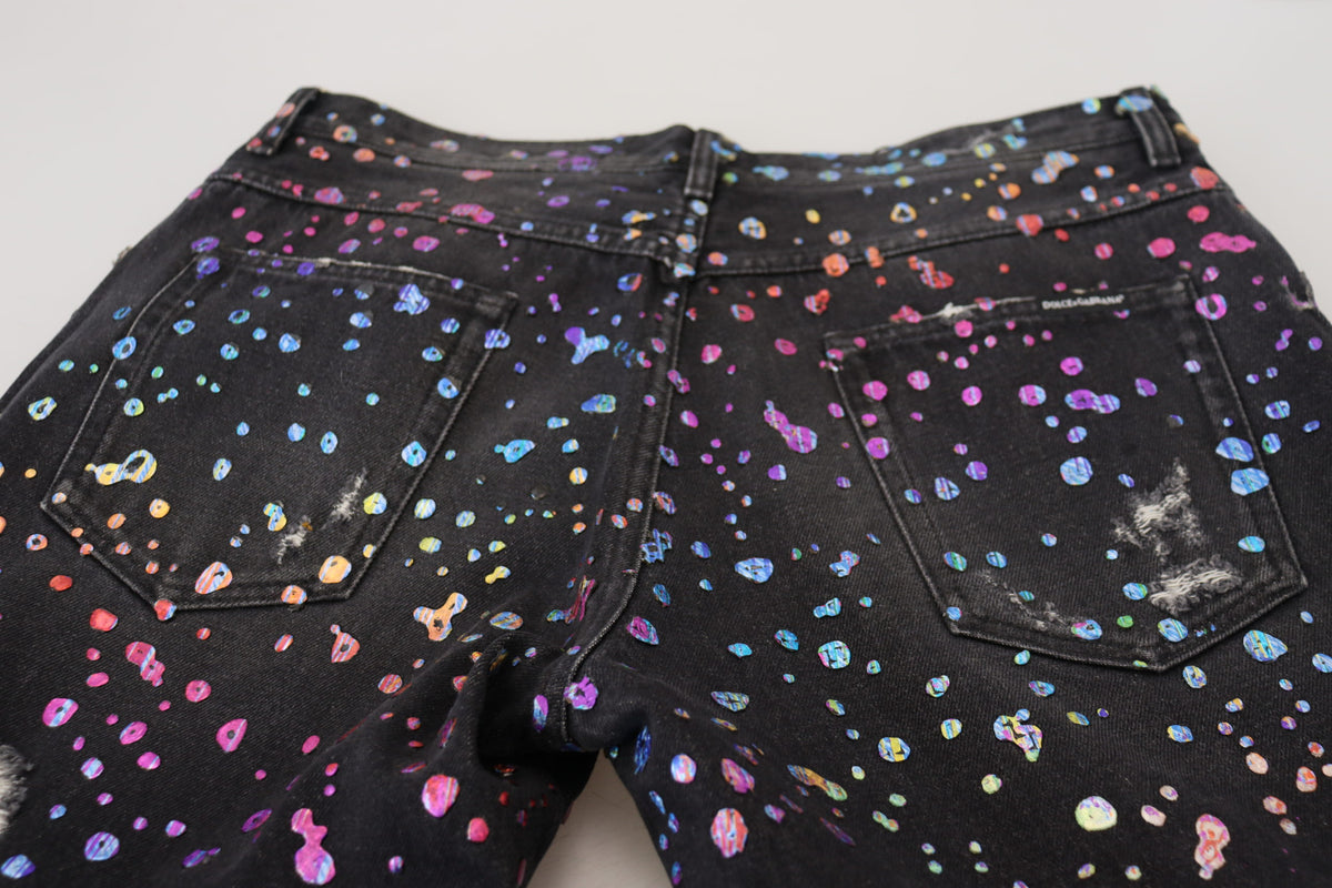 Jeans en jean déchiré noir et multicolore à imprimé de Dolce &amp; Gabbana