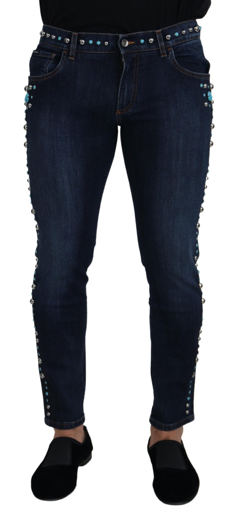 Jeans en jean taille basse en coton bleu à clous de Dolce &amp; Gabbana