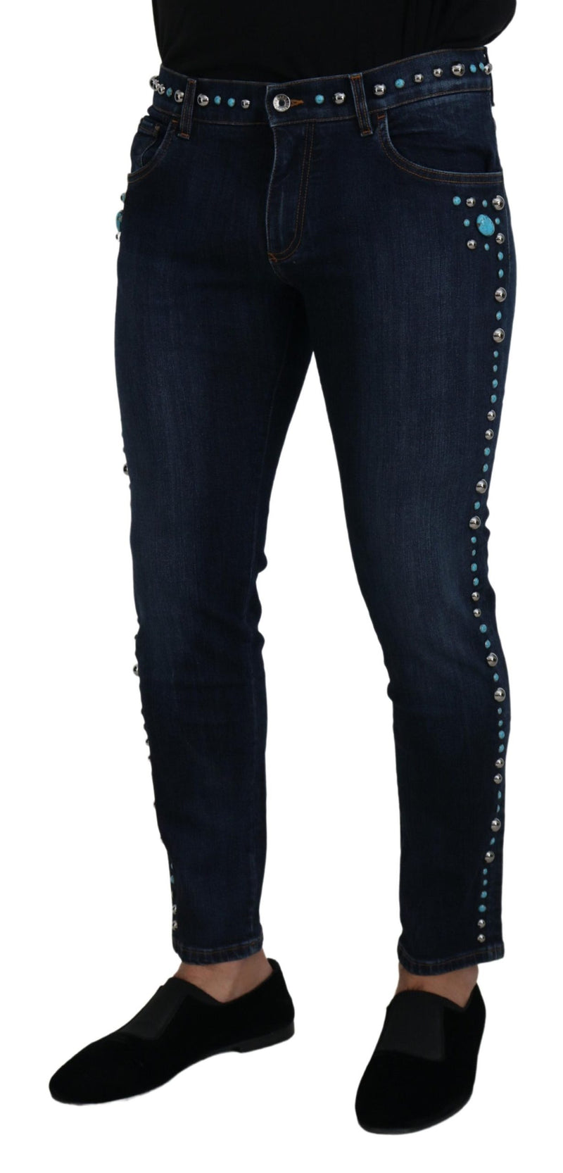 Jeans en jean taille basse en coton bleu à clous de Dolce &amp; Gabbana