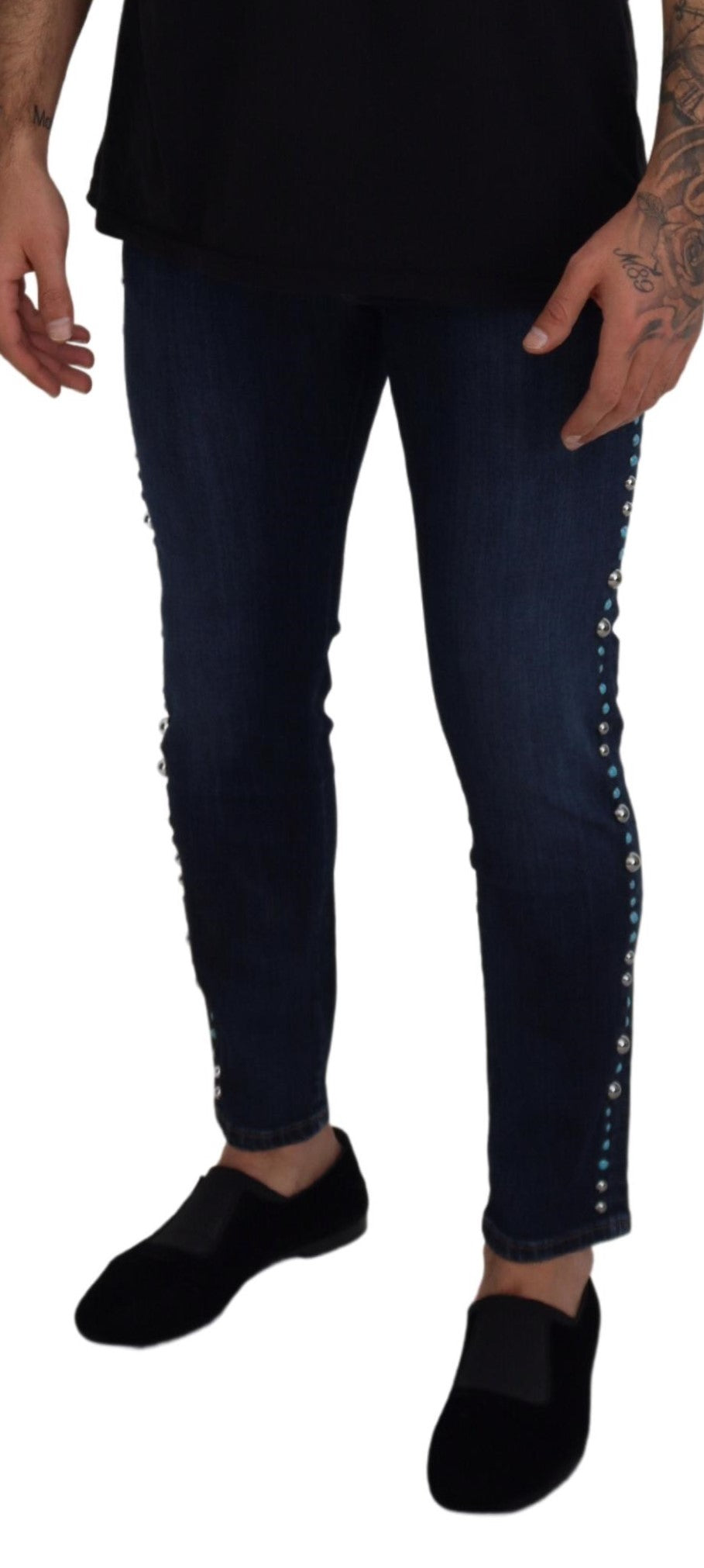 Jeans en jean taille basse en coton bleu à clous de Dolce &amp; Gabbana