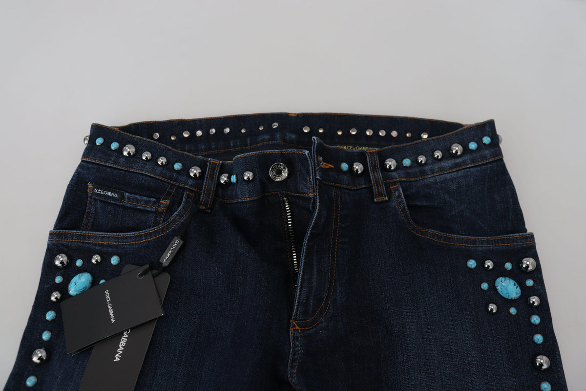Jeans en jean taille basse en coton bleu à clous de Dolce &amp; Gabbana