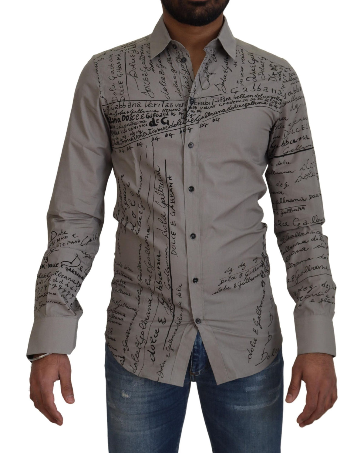 Robe slim en coton imprimé gris Dolce &amp; Gabbana, chemise dorée.