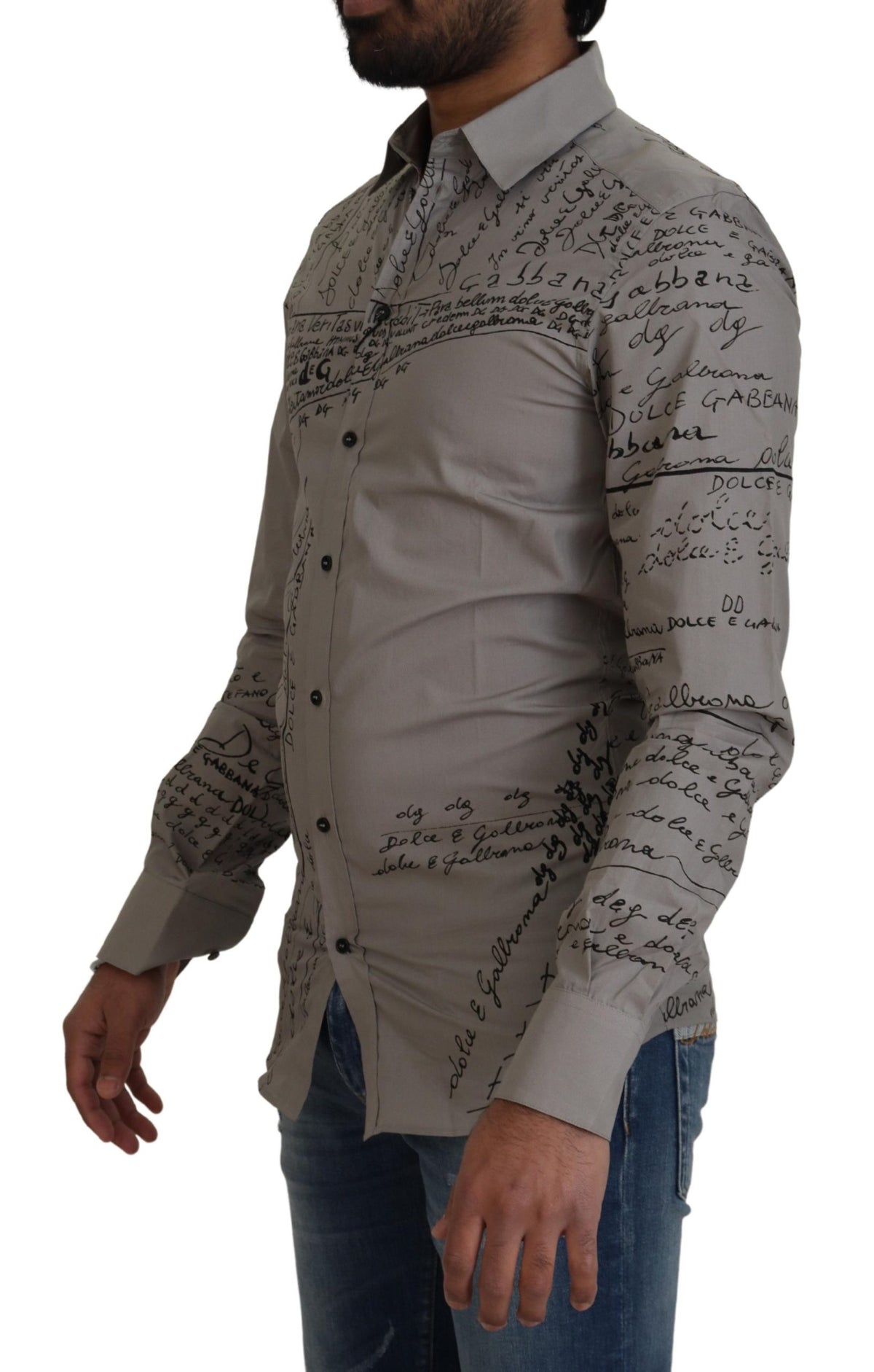 Robe slim en coton imprimé gris Dolce &amp; Gabbana, chemise dorée.