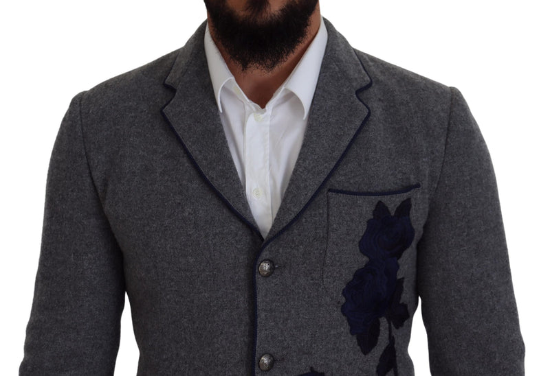 Dolce &amp; Gabbana grijze wollen blazer met rozenprint, slim fit.