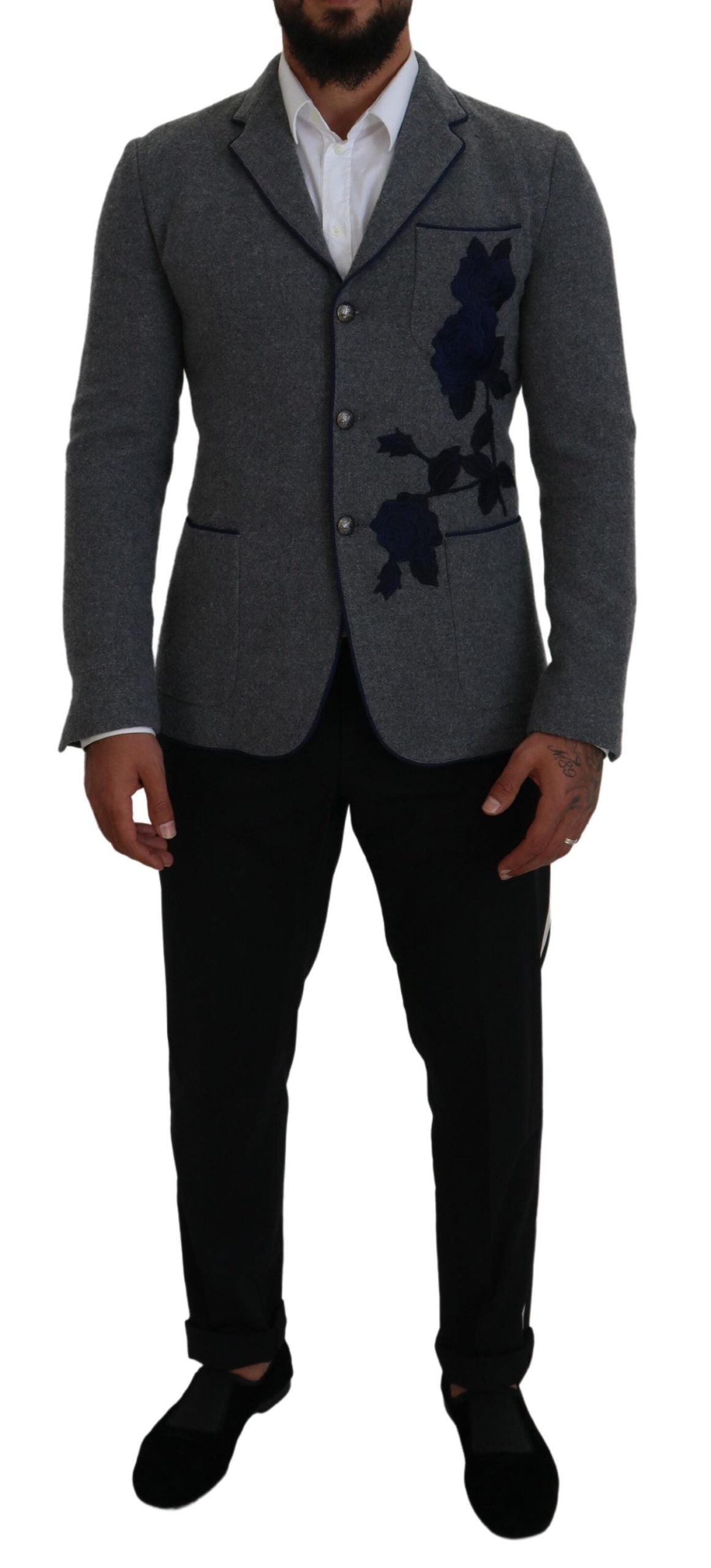 Dolce &amp; Gabbana - Blazer slim en laine grise à motifs roses