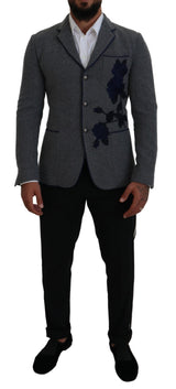 Dolce &amp; Gabbana - Blazer slim en laine grise à motifs roses