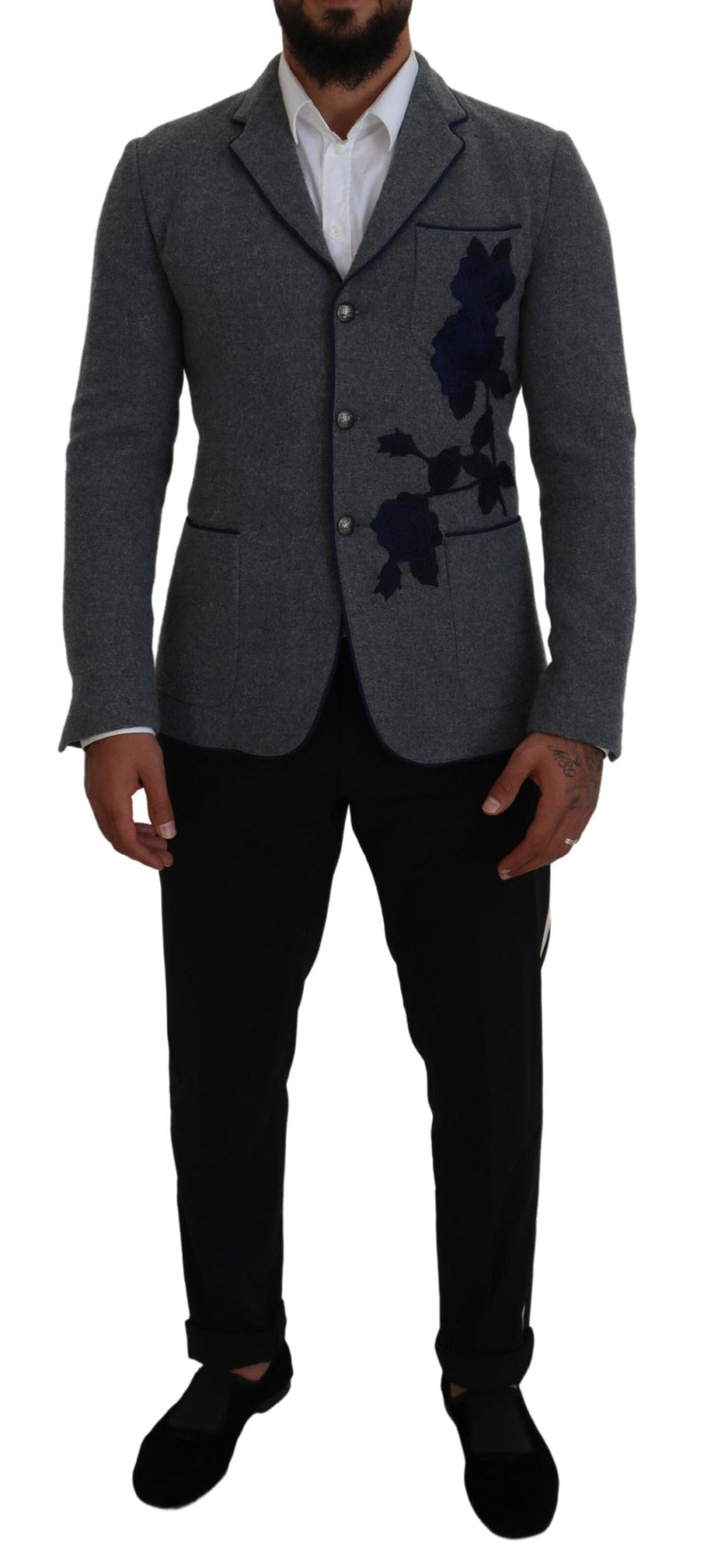 Dolce &amp; Gabbana grijze wollen blazer met rozenprint, slim fit.