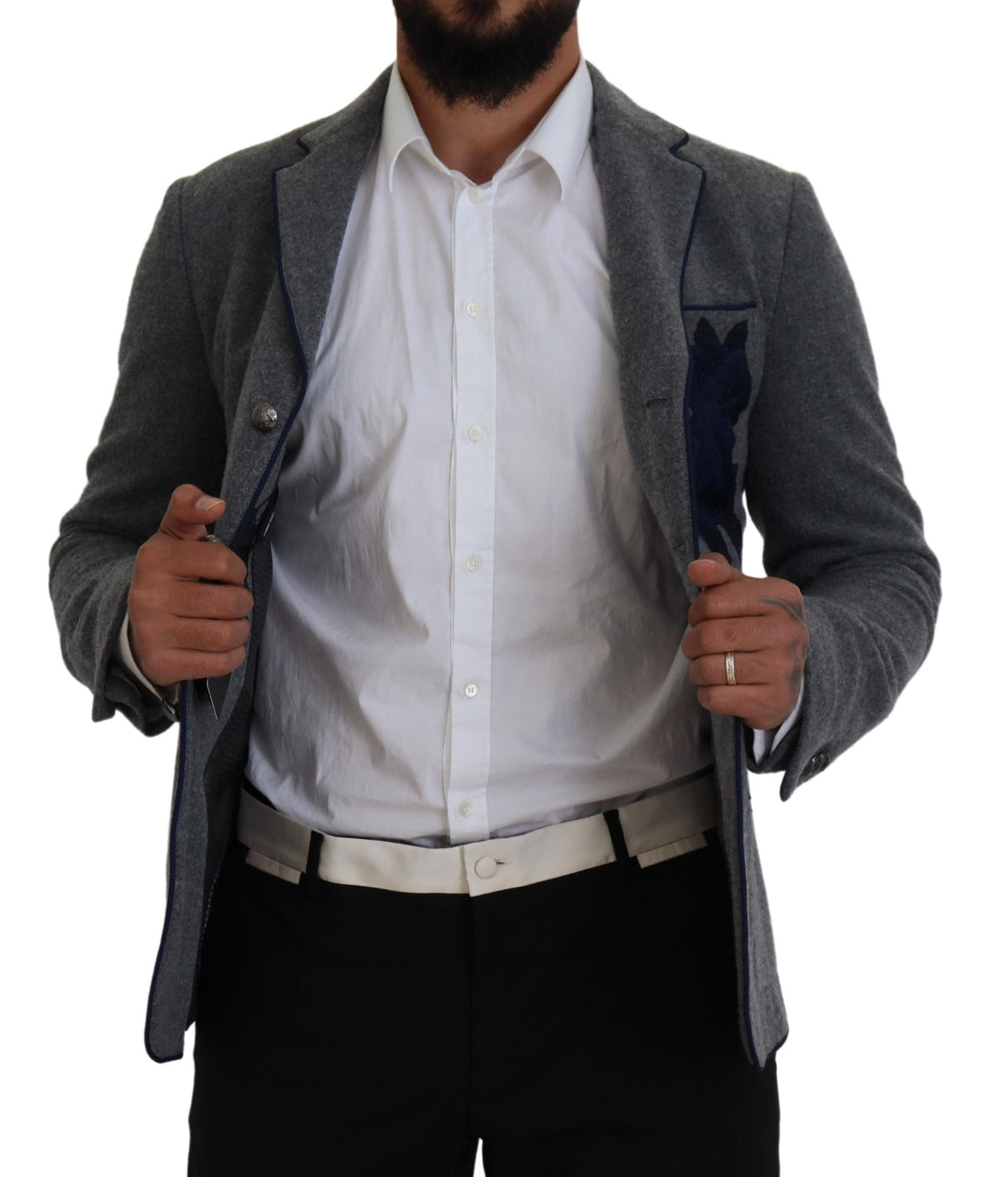 Dolce &amp; Gabbana - Blazer slim en laine grise à motifs roses