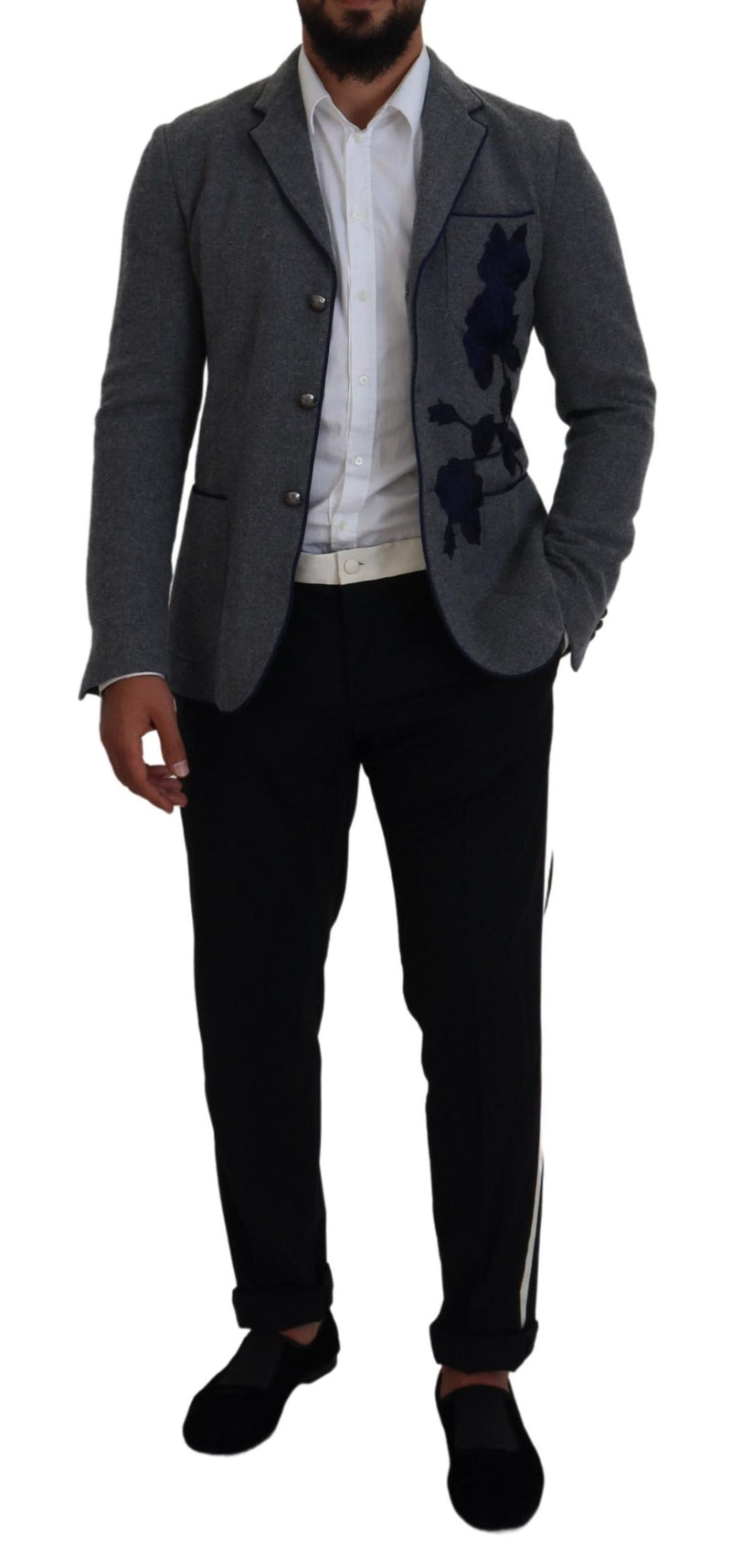 Dolce &amp; Gabbana grijze wollen blazer met rozenprint, slim fit.