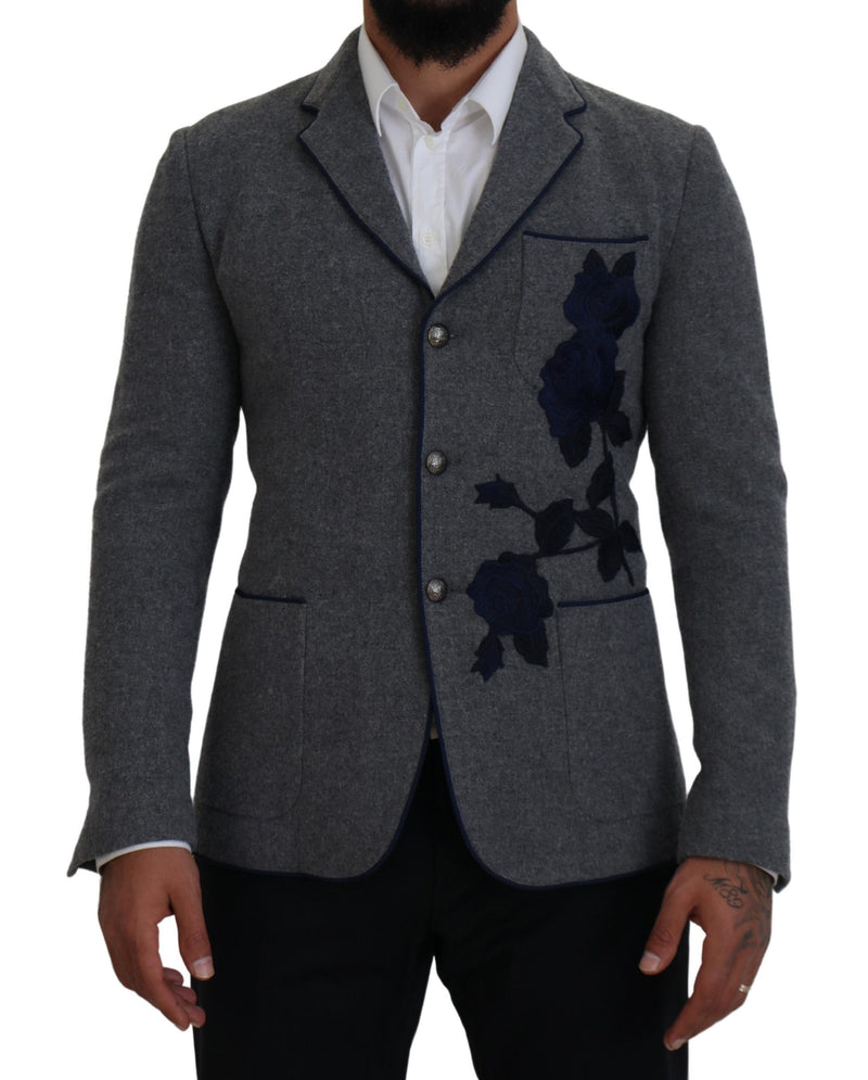 Dolce &amp; Gabbana grijze wollen blazer met rozenprint, slim fit.