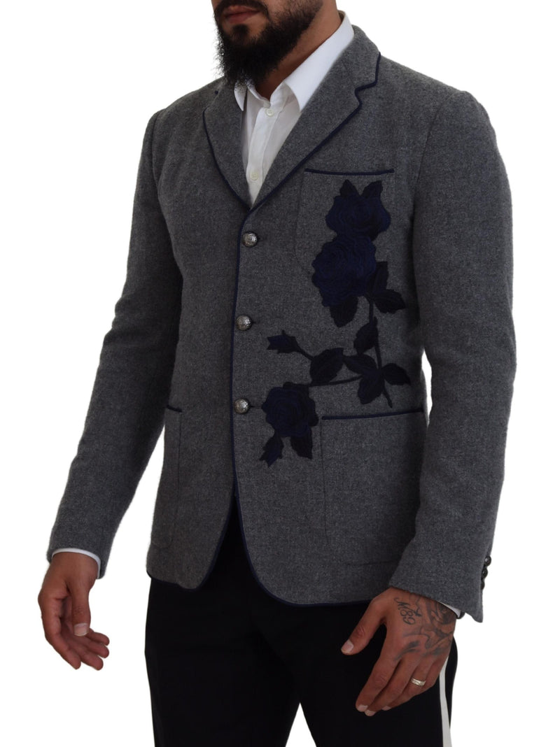 Dolce &amp; Gabbana grijze wollen blazer met rozenprint, slim fit.
