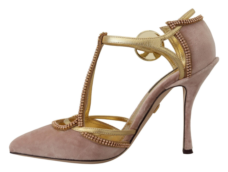 Dolce & Gabbana Pink Crystal T-strap Heels Pumps