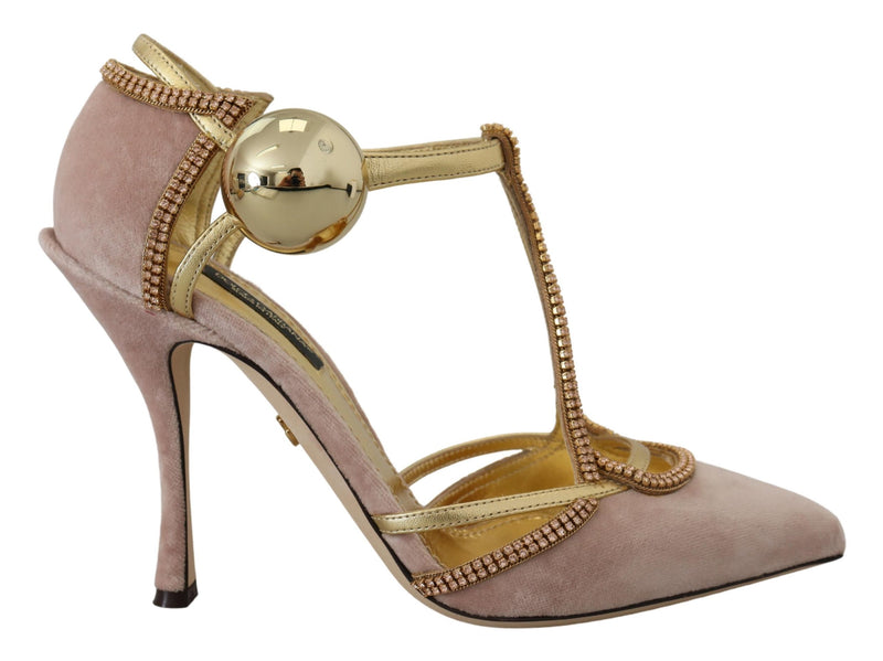 Dolce & Gabbana Pink Crystal T-strap Heels Pumps