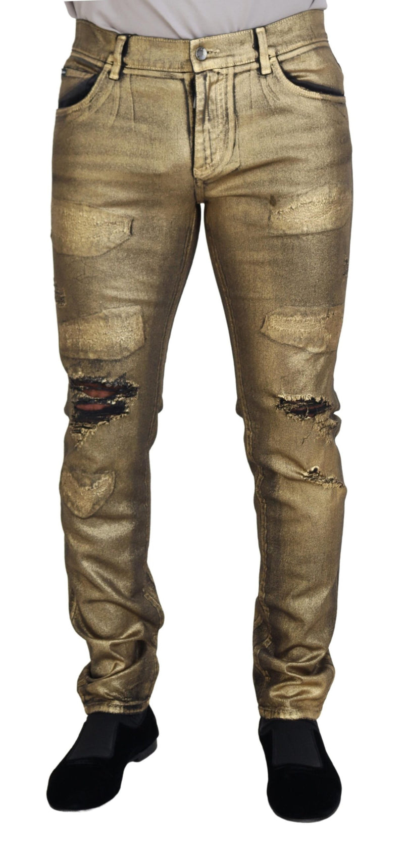 Gouden katoenen, versleten skinny jeans voor heren van Dolce &amp; Gabbana