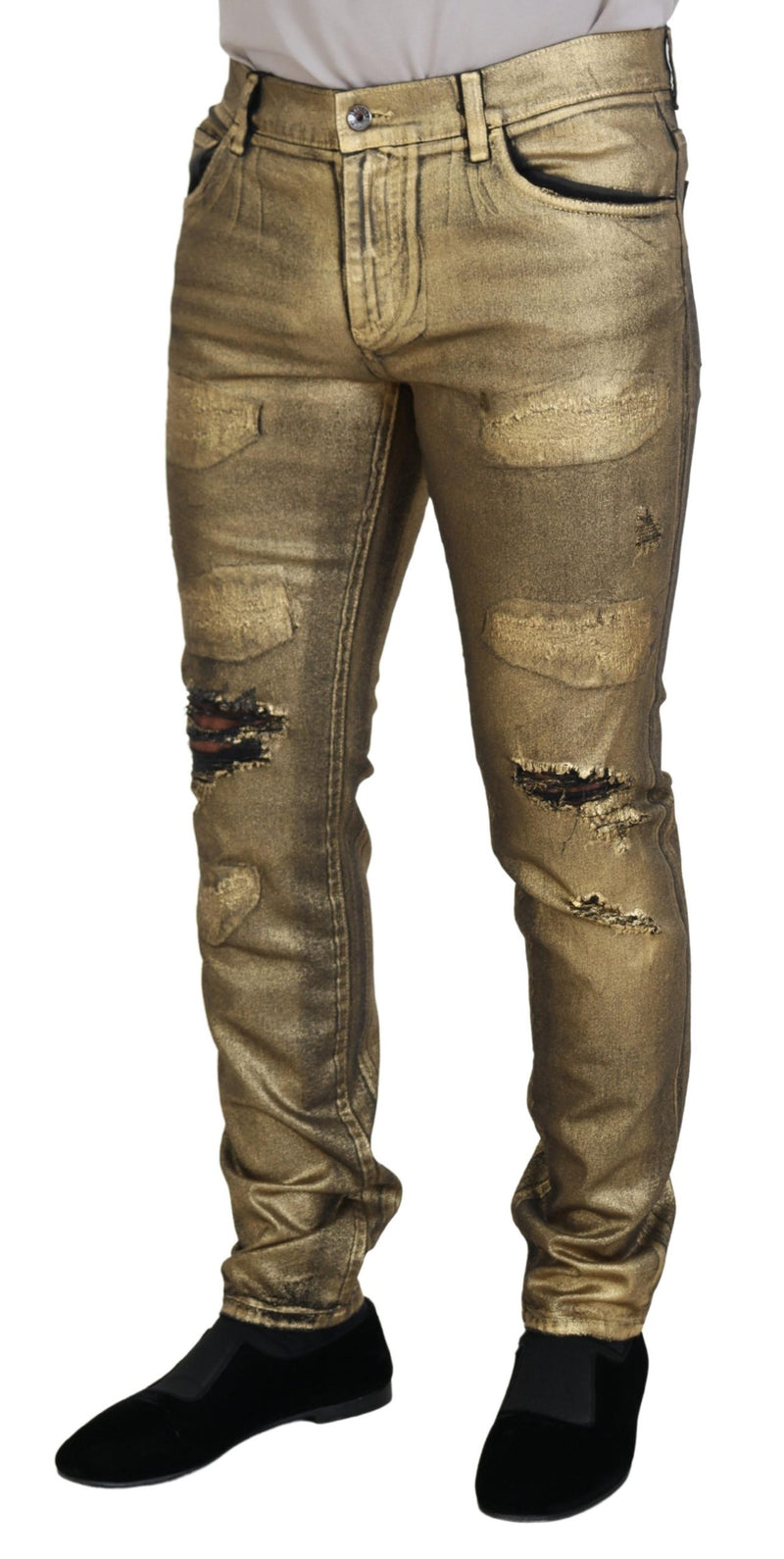 Gouden katoenen, versleten skinny jeans voor heren van Dolce &amp; Gabbana