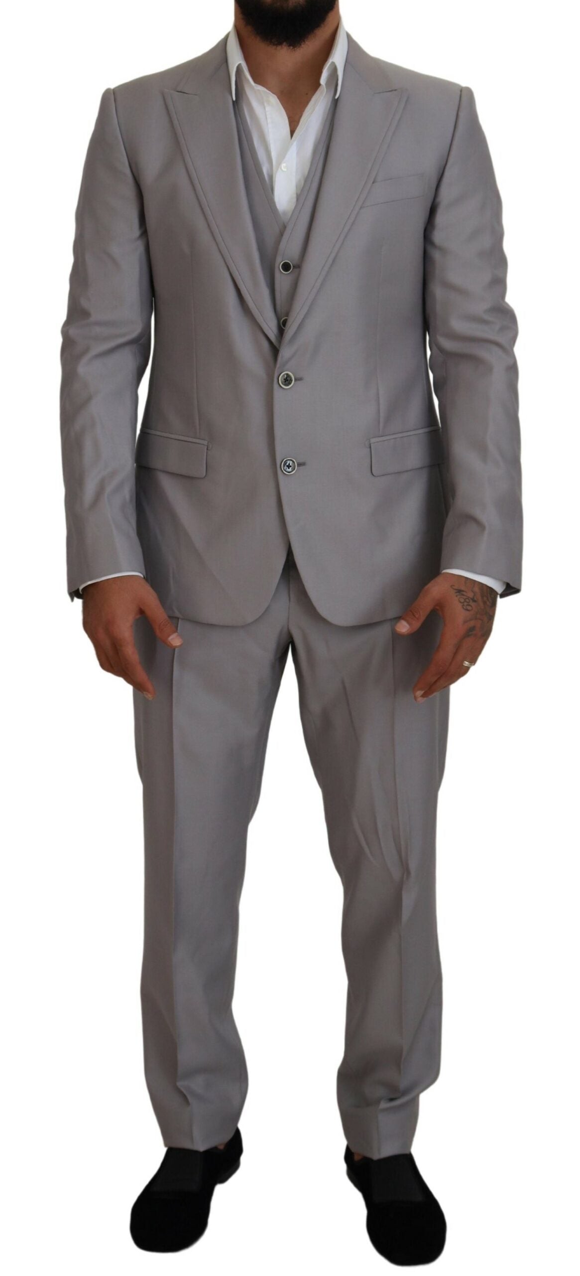 Dolce & Gabbana Costume Slim Fit 3 Pièces en Laine et Soie Argent