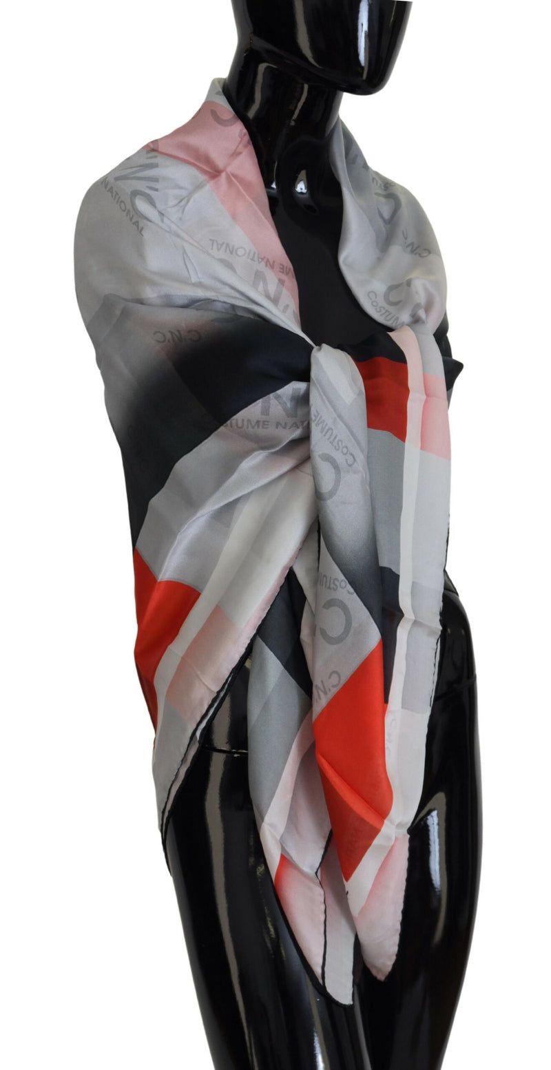 Costume National Écharpe Foulard Carré Gris Rouge en Soie