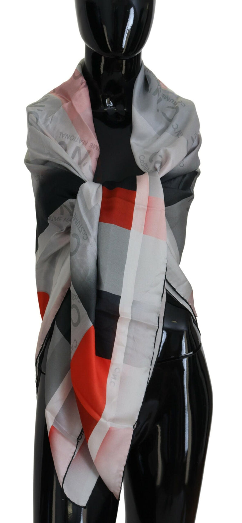 Costume National Écharpe Foulard Carré Gris Rouge en Soie