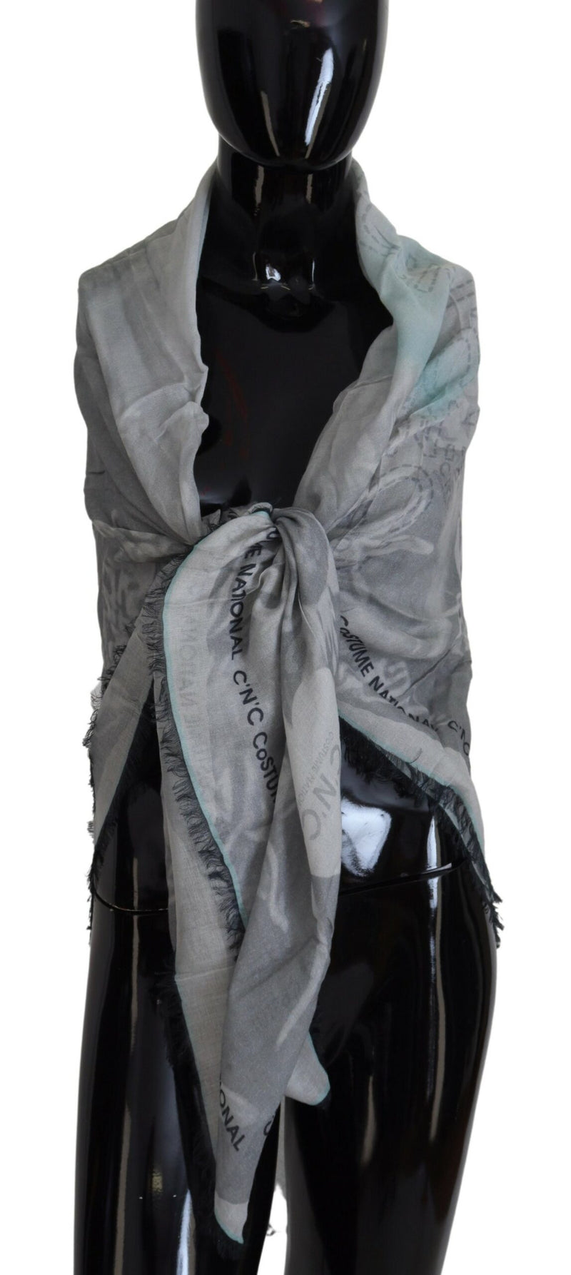 Costume National Foulard en Coton Imprimé Gris avec Franges