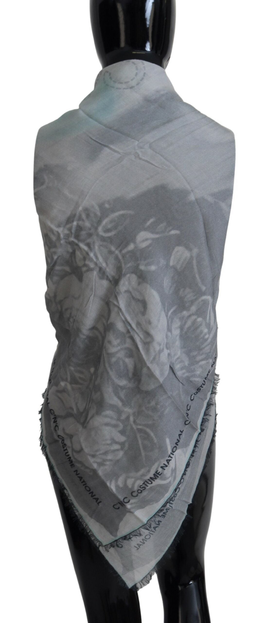 Costume National Foulard en Coton Imprimé Gris avec Franges