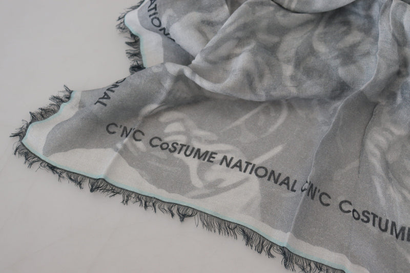 Costume National Foulard en Coton Imprimé Gris avec Franges