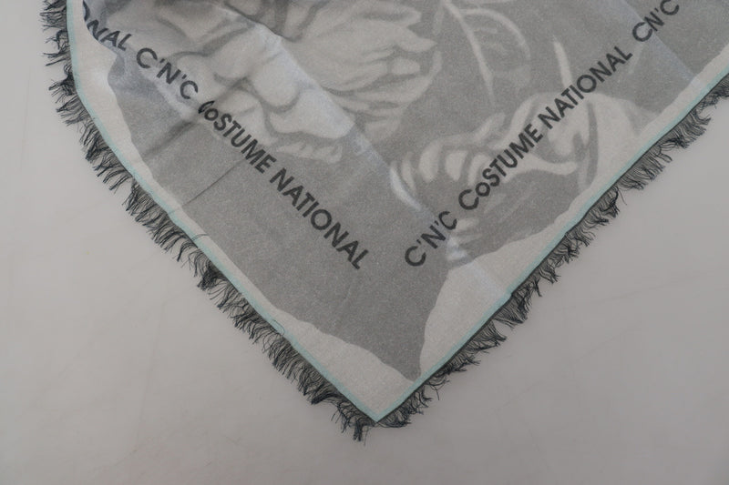 Costume National Foulard en Coton Imprimé Gris avec Franges