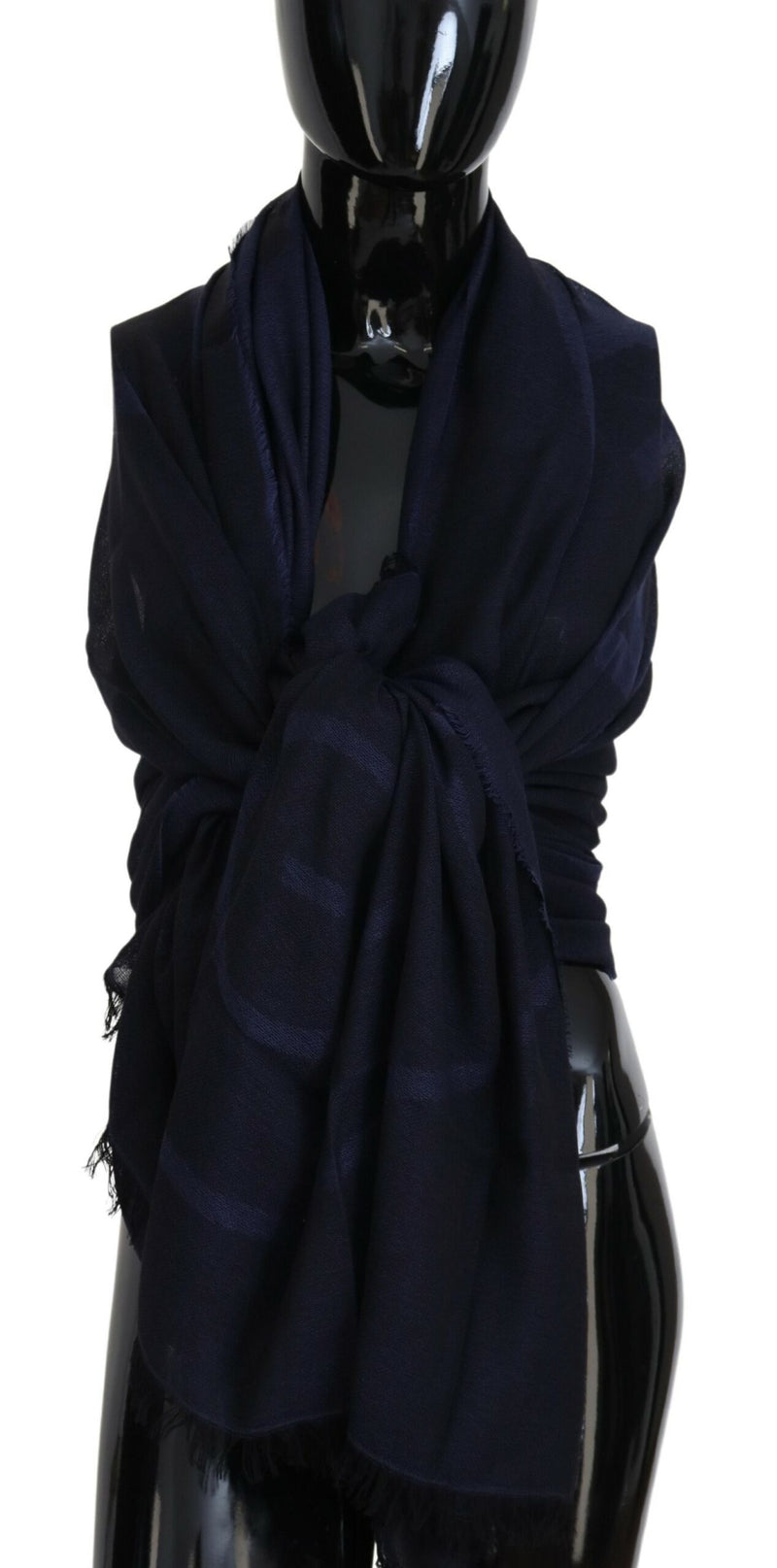 GF Ferre Dark Blue Wool Neck Wrap Shawl with Fringes