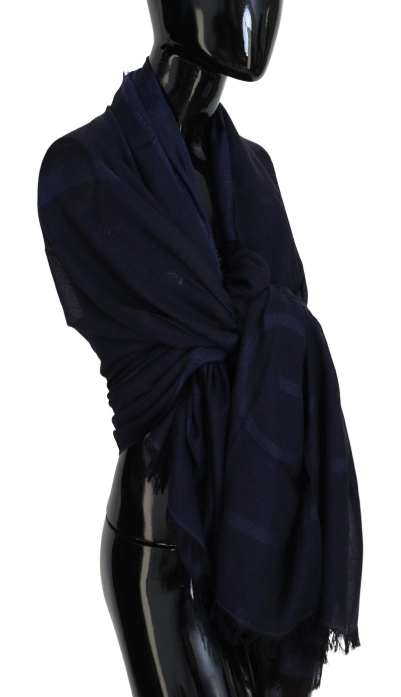 GF Ferre Dark Blue Wool Neck Wrap Shawl with Fringes