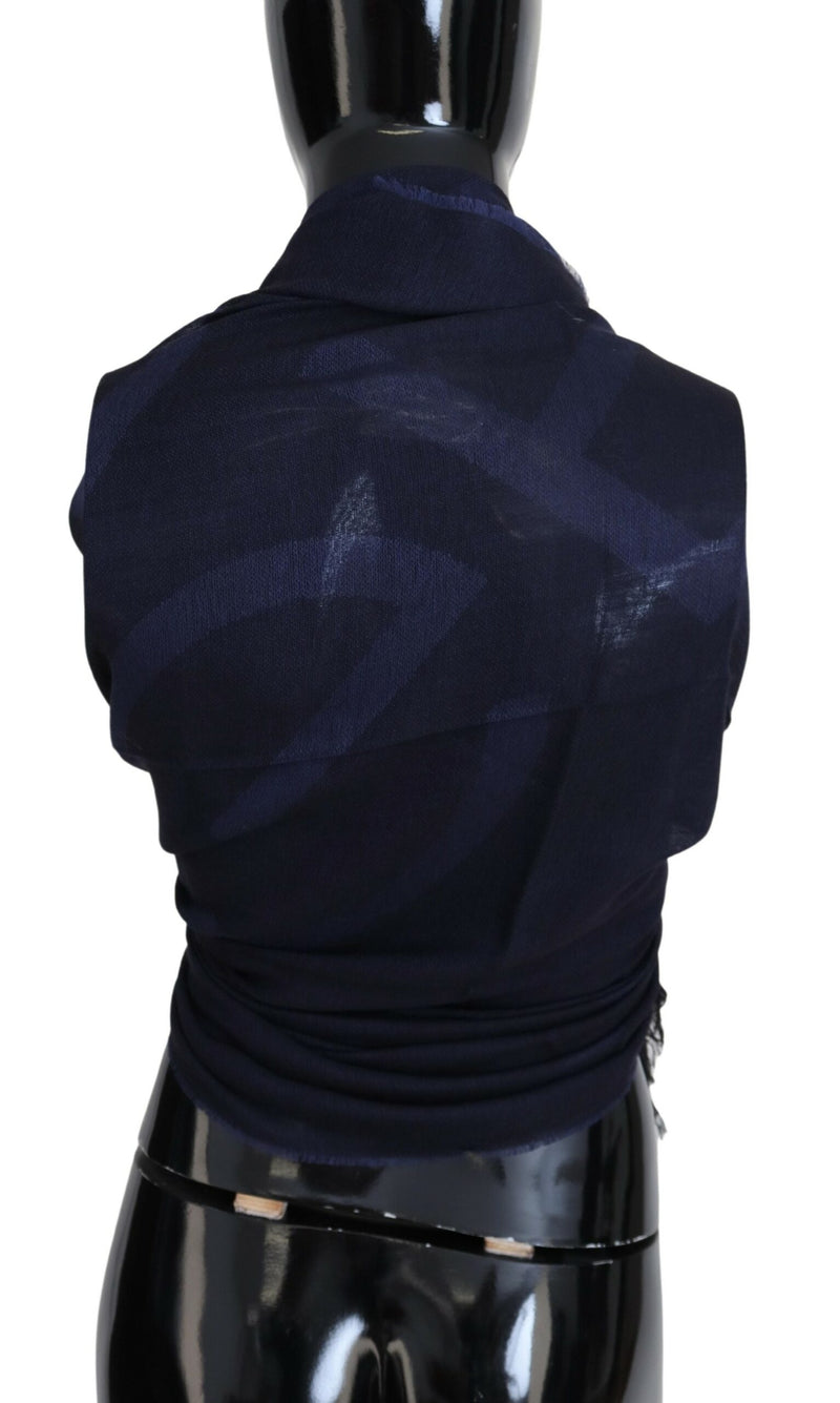 GF Ferre Dark Blue Wool Neck Wrap Shawl with Fringes