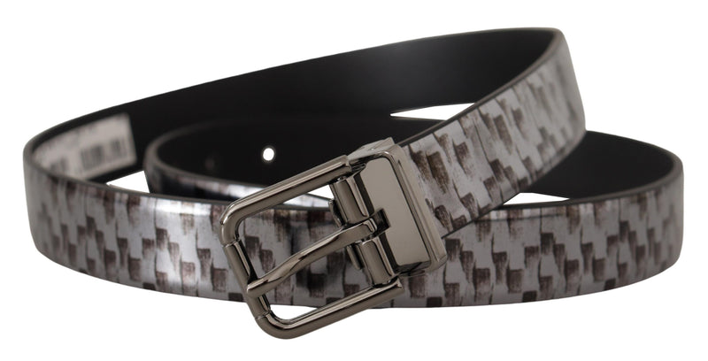 Ceinture Dolce &amp; Gabbana en cuir à chevrons gris avec boucle en métal 3D grise