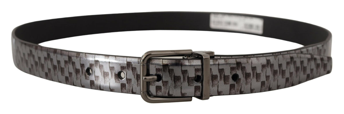 Ceinture Dolce &amp; Gabbana en cuir à chevrons gris avec boucle en métal 3D grise
