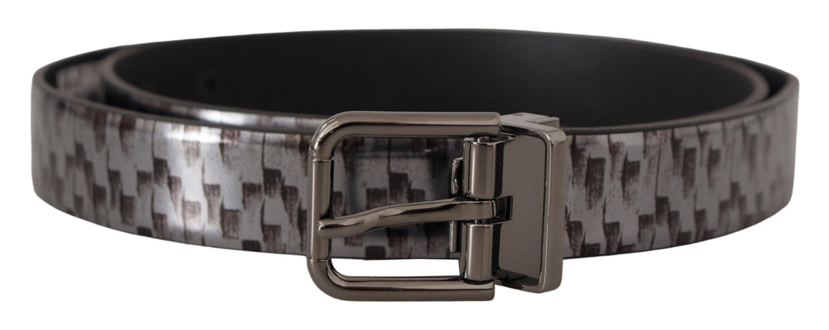 Ceinture Dolce &amp; Gabbana en cuir à chevrons gris avec boucle en métal 3D grise