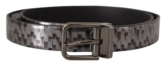 Ceinture Dolce & Gabbana en cuir à chevrons gris avec boucle en métal 3D grise