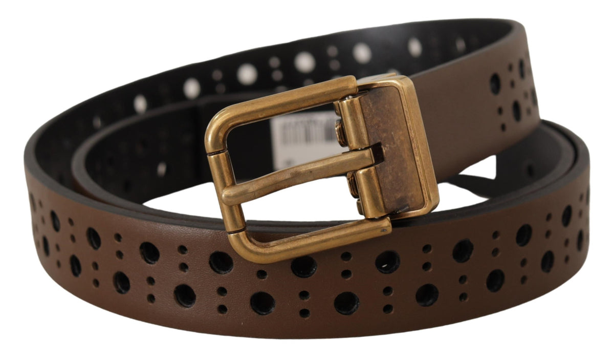 Ceinture couronne perforée en cuir marron Dolce &amp; Gabbana