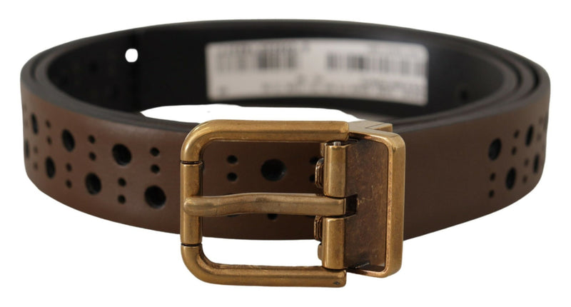 Ceinture couronne perforée en cuir marron Dolce &amp; Gabbana
