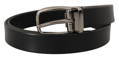 Dolce &amp; Gabbana Zwarte Leren Zilveren Chroom Metalen Logo Gesp Riem