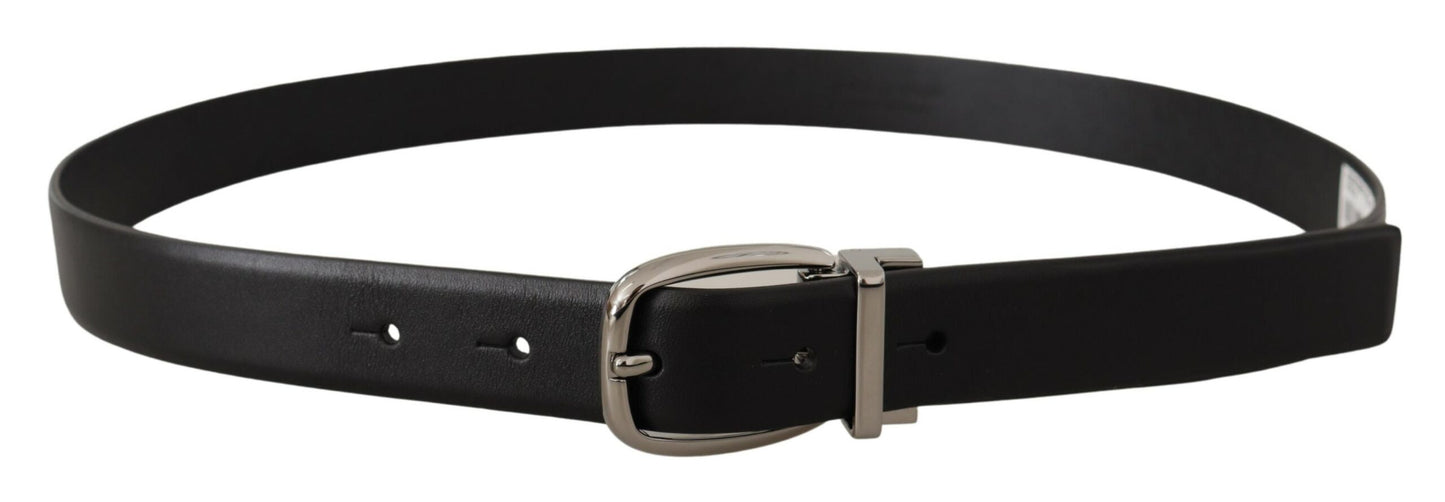 Dolce &amp; Gabbana Zwarte Leren Zilveren Metalen Chrome Logo Gesp Riem