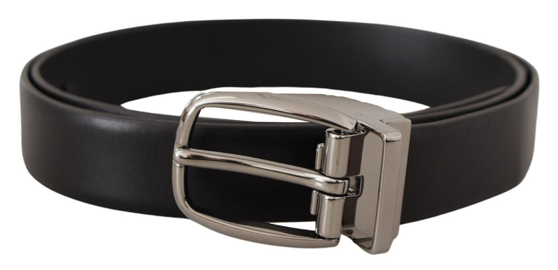 Ceinture Dolce &amp; Gabbana en cuir noir avec boucle logo chromée en métal argenté